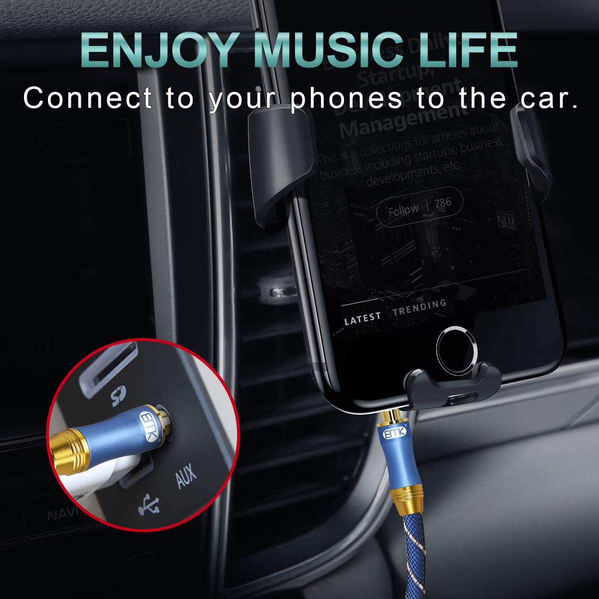 AUX Cable,EMK 3.5mm Nylon Braided Auxiliary Audio Cable [24KGold-Plated,Hi-fi Sound Quality] Tangle-Free AUX Cable for Headphones,Laptop,Phones,Tablets,MP3 Players,Car Stereos and More (5ft/1.5m) - Image 4