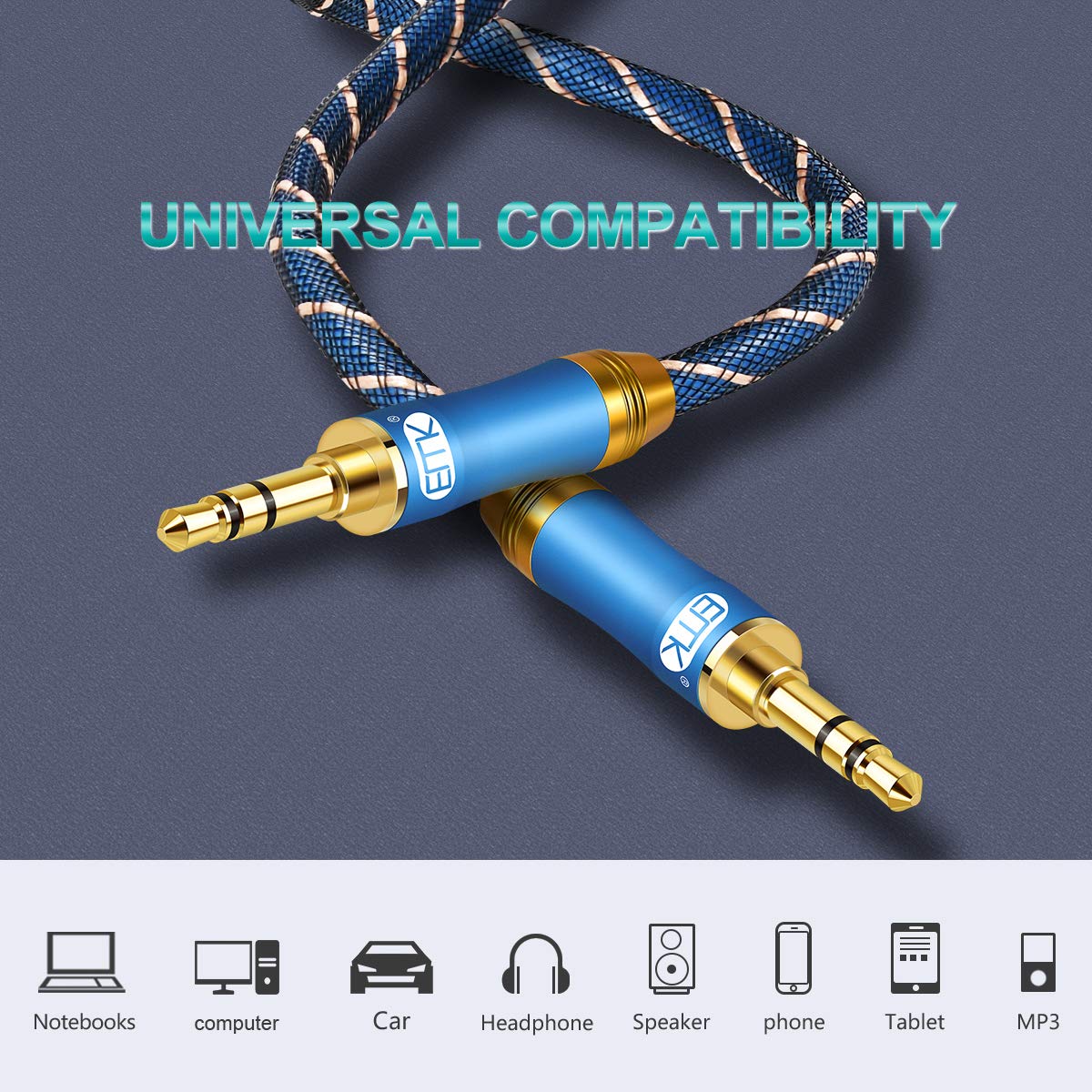 AUX Cable,EMK 3.5mm Nylon Braided Auxiliary Audio Cable [24KGold-Plated,Hi-fi Sound Quality] Tangle-Free AUX Cable for Headphones,Laptop,Phones,Tablets,MP3 Players,Car Stereos and More (5ft/1.5m) - Image 7