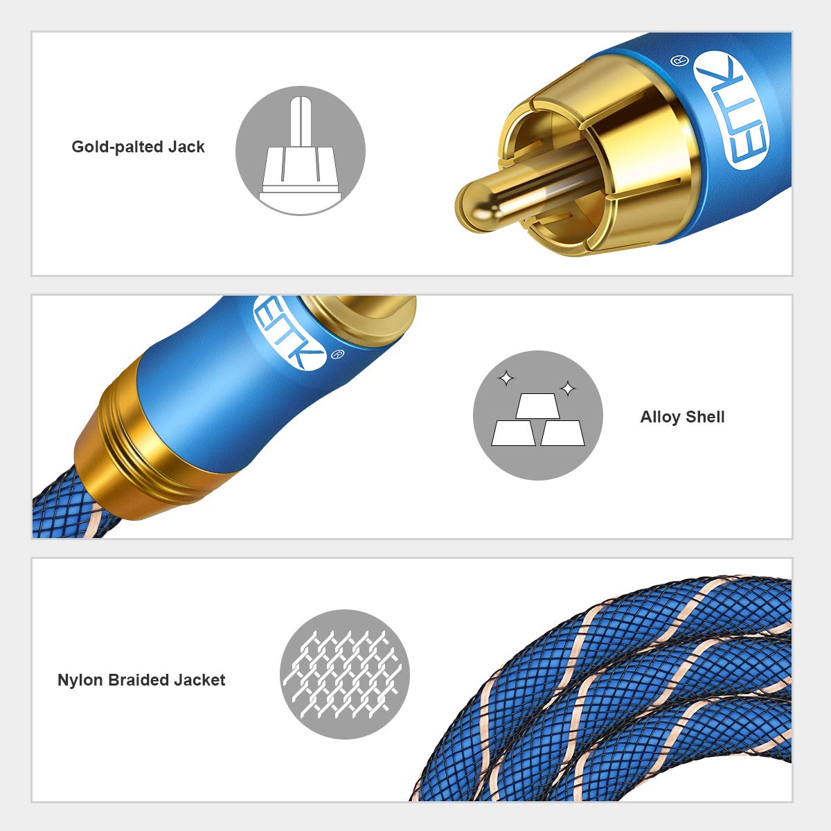 Coaxial Extension Cable(6.6ft/2m) EMK Coaxial Male to Female Cable Gold Plated Copper Shell Heavy Duty Digital Coaxial Audio Cable Subwoofer Cable for Home Theater, HDTV, Amplifiers, Hi-Fi Systems - Image 3