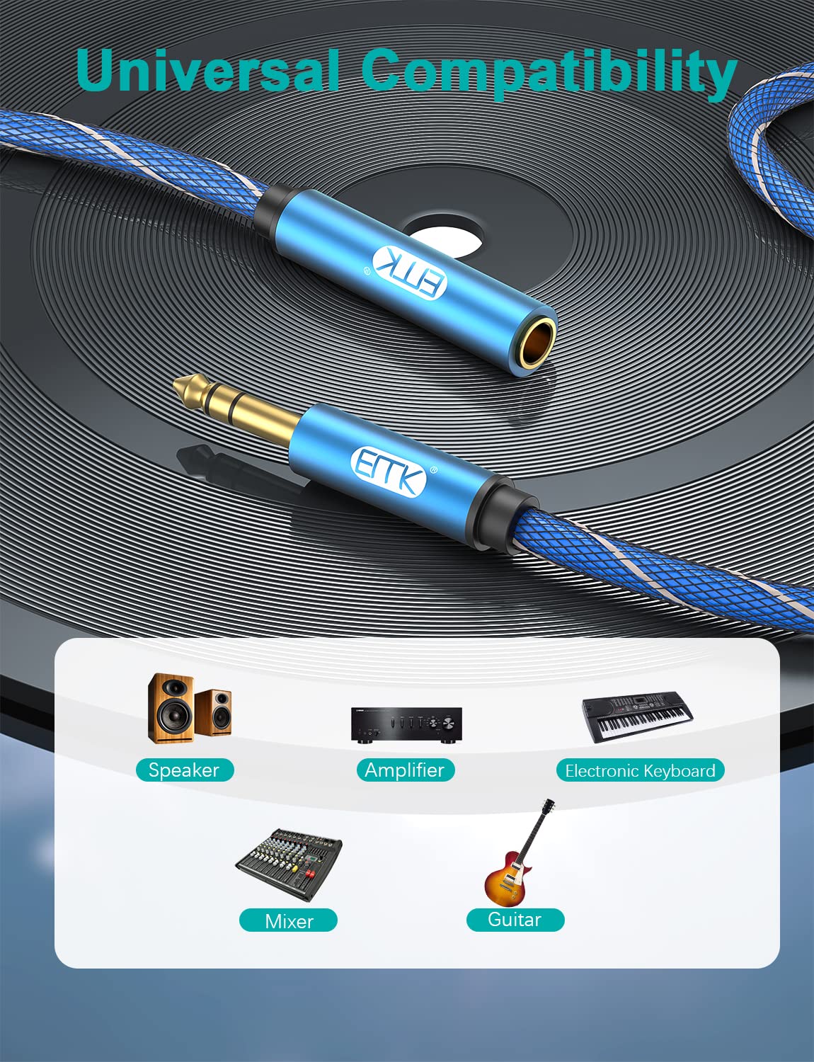 EMK 1/4 inch Extension Cable, 6.35mm 1/4" inch Male to Female Stereo Headphone Guitar Extension Cable Cord, Gold Plated Quarter inch Headphone Extension Cable (10FT/3M) - Image 4