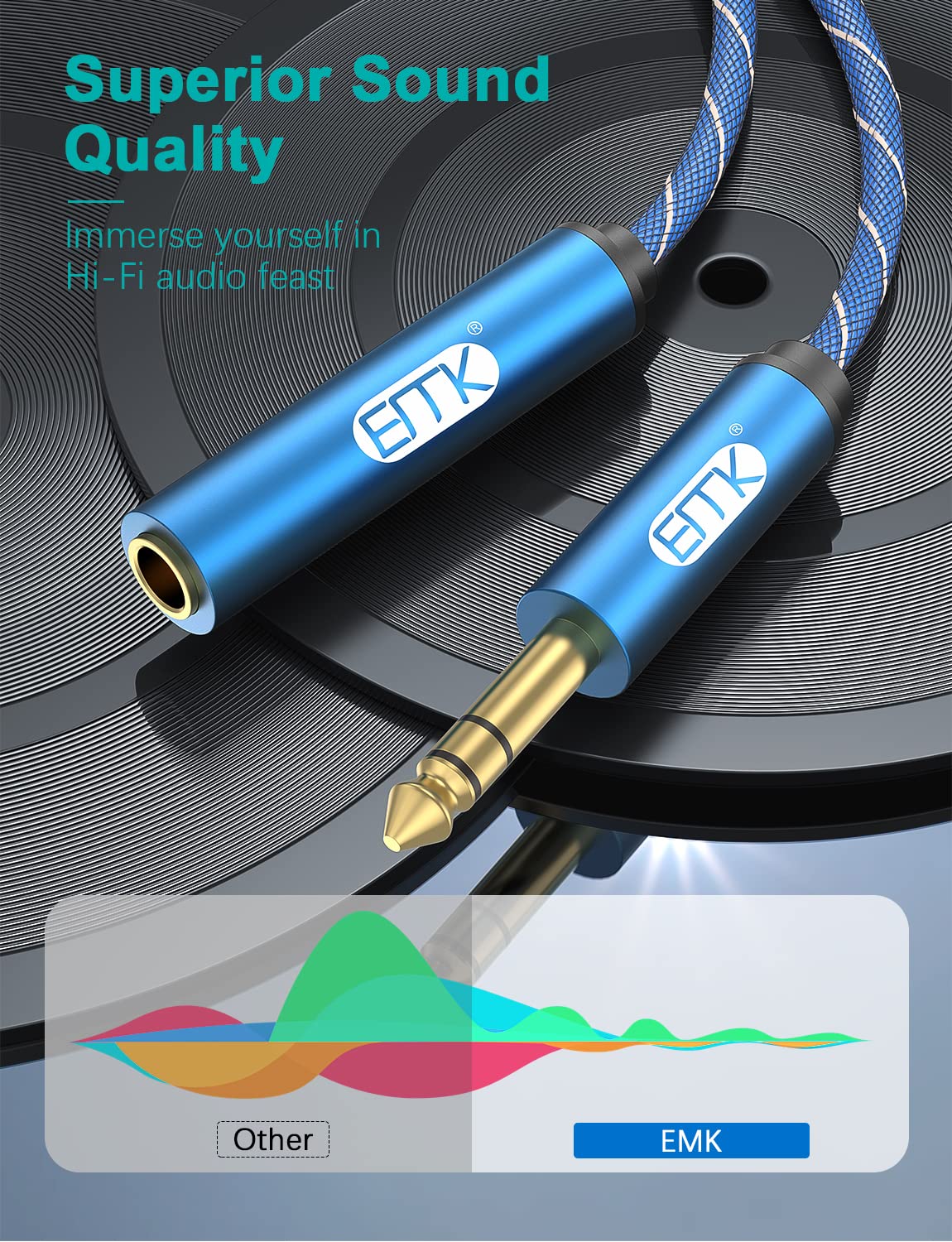 EMK 1/4 inch Extension Cable, 6.35mm 1/4" inch Male to Female Stereo Headphone Guitar Extension Cable Cord, Gold Plated Quarter inch Headphone Extension Cable (10FT/3M) - Image 5