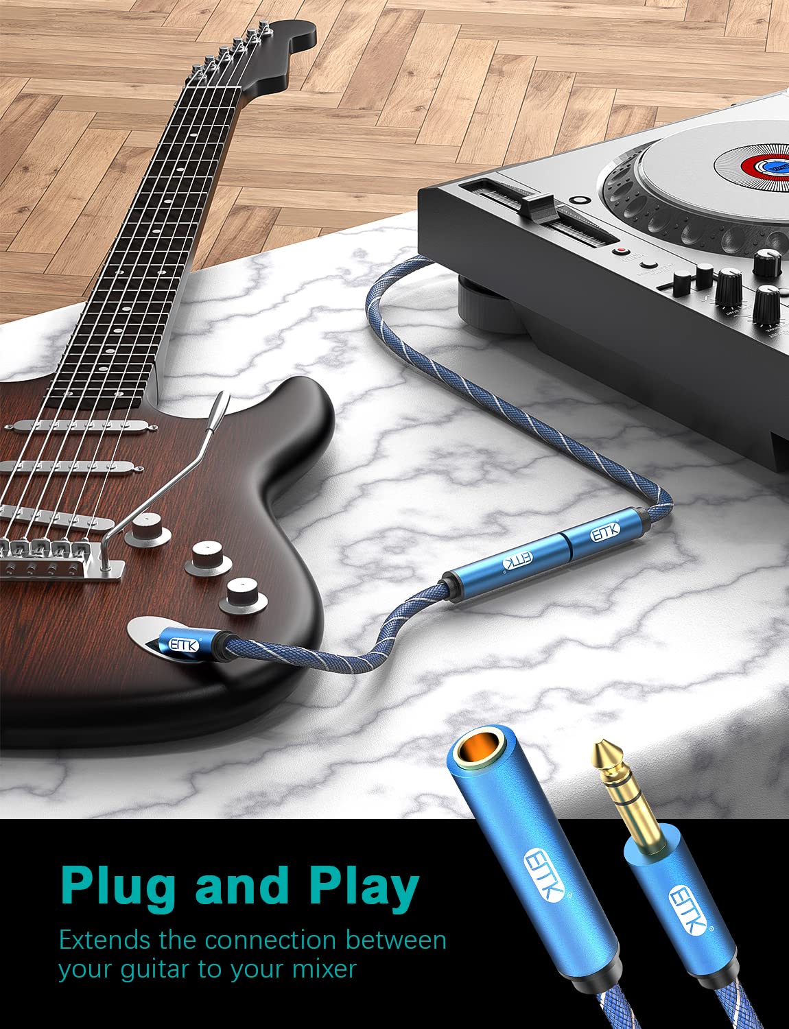 EMK 1/4 inch Extension Cable, 6.35mm 1/4" inch Male to Female Stereo Headphone Guitar Extension Cable Cord, Gold Plated Quarter inch Headphone Extension Cable (10FT/3M) - Image 7