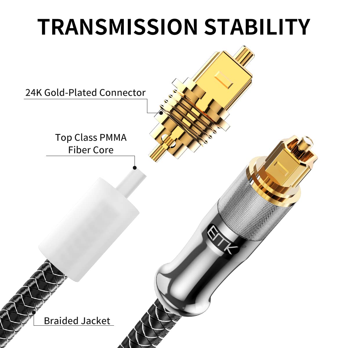 EMK 24K Gold-Plated Optical Audio Cable [10ft/3M] - Digital Toslink SPDIF Cable Compatible with Soundbar to TV, Home Theater - High-Speed Fiber Optic Cable (Silver) - Image 3