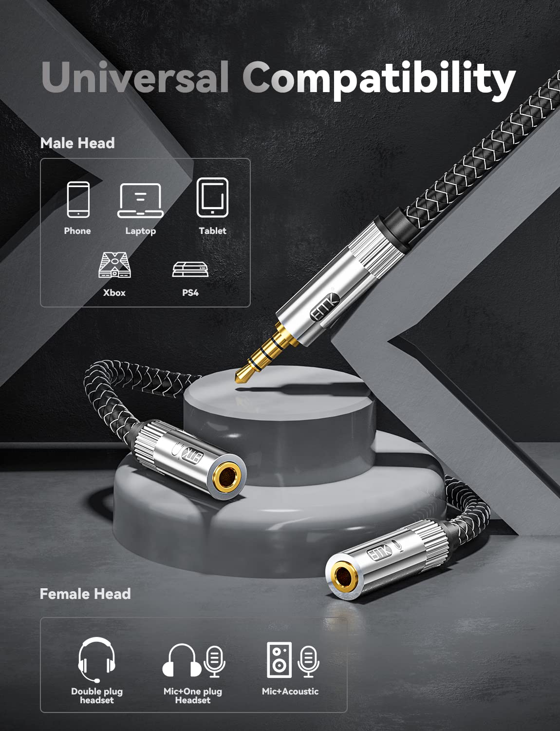 EMK 3.5mm Audio Splitter Headset Adapter Y Splitter Cable Stereo Male to 2 Female Separate Jack Compatible with PC, Xbox One, PS4, PS5, Laptop, Tablet, Phone - Image 4