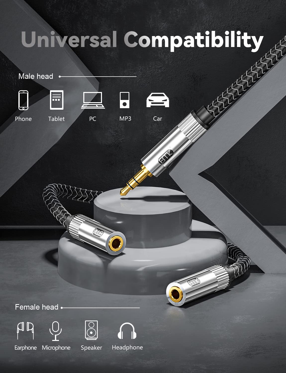 EMK 3.5mm Aux Headphone Splitter - 3-Pole TRS Stereo Y Splitter Extension Cable for Earphones, Headsets & Speakers - Image 5