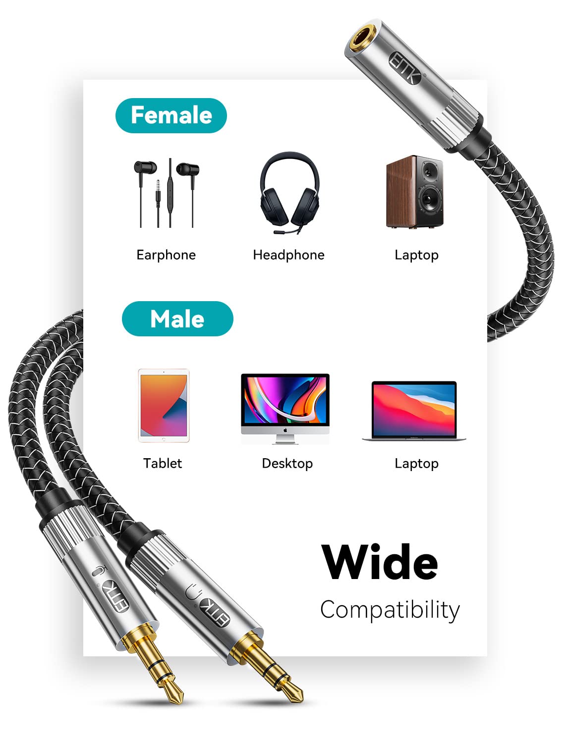 EMK 3.5mm Headset Splitter Adapter, 2-Port, 1m, Gold-Plated, Tangle-Free, PC/Laptop Compatible - Image 4