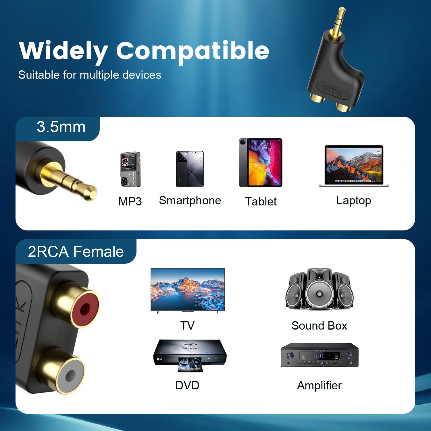 EMK 3.5mm to RCA Female 2-Pack RCA Female to Aux Audio Adapter HiFi Sound Headphone Jack Adapter Metal Shell Y Splitter Auxiliary Cord 1/8 Connector for Phone Speaker MP3 Tablet HDTV - Image 3
