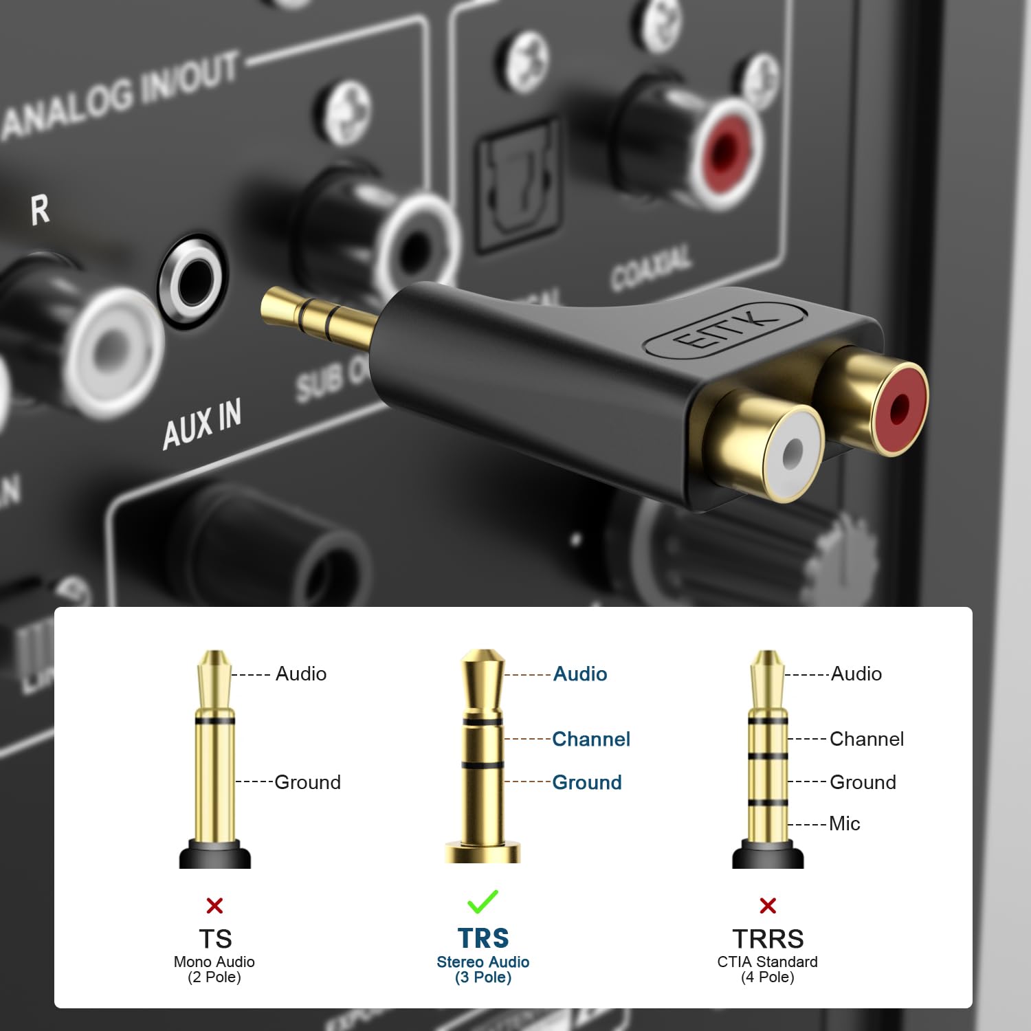 EMK 3.5mm to RCA Female 2-Pack RCA Female to Aux Audio Adapter HiFi Sound Headphone Jack Adapter Metal Shell Y Splitter Auxiliary Cord 1/8 Connector for Phone Speaker MP3 Tablet HDTV - Image 6