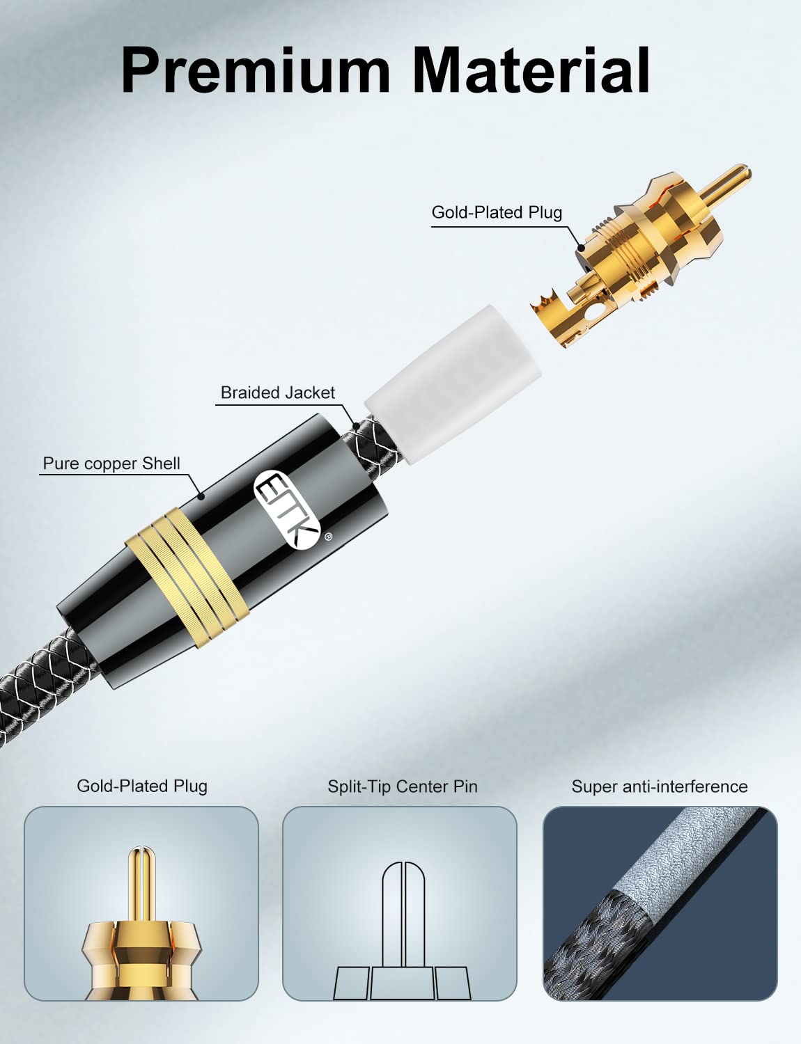 EMK 3Ft/1M Premium RCA Extension Cable - 24K Gold-Plated, Nylon Braided RCA Audio Cable, Double Shielded Digital Coaxial Cord for Premium Home Theater & Hi-Fi Systems - Image 4