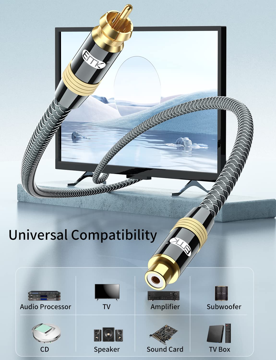 EMK 3Ft/1M Premium RCA Extension Cable - 24K Gold-Plated, Nylon Braided RCA Audio Cable, Double Shielded Digital Coaxial Cord for Premium Home Theater & Hi-Fi Systems - Image 5