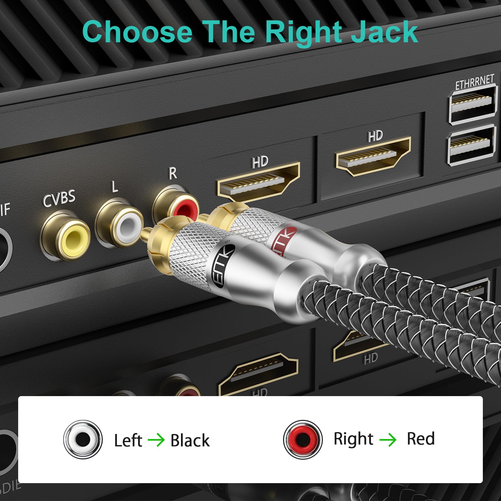 EMK 8Ft/2.4M RCA Cable - Shielded Braided 2Male-to-2Male Audio Cord for Home Theater & Hi-Fi Systems - Silver RCA Audio Stereo Subwoofer Cable - Image 5