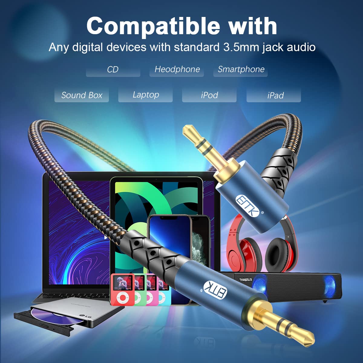 EMK 90 Degree Aux Cable 3.5 mm Auxiliary Cord Male to Male Stereo Aux Cable for Car 24K Gold Plated Hi-Fi Sound Quality Nylon Braided for Laptop Phone Tablet MP3 Player Stereo Speaker (30ft/10m) - Image 3