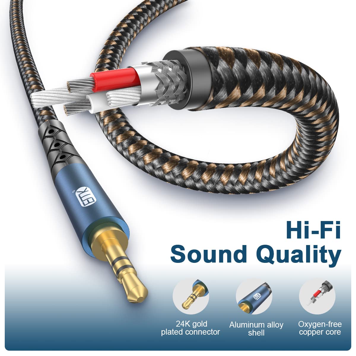EMK 90 Degree Aux Cable 3.5 mm Auxiliary Cord Male to Male Stereo Aux Cable for Car 24K Gold Plated Hi-Fi Sound Quality Nylon Braided for Laptop Phone Tablet MP3 Player Stereo Speaker (30ft/10m) - Image 4