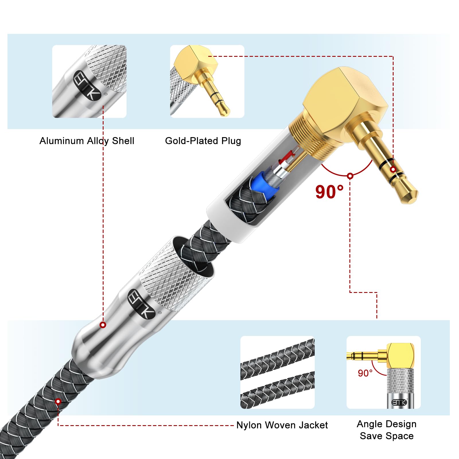EMK 90 Degree Male to Right Angle Male 3.5mm Stereo Audio Aux Cable 1.2M Gold Plated Dual Angled TRS Aux Cord Compatible with Laptop, Smartphone, Music Player, Tablets, Speakers?X0049CCI2T - Image 6