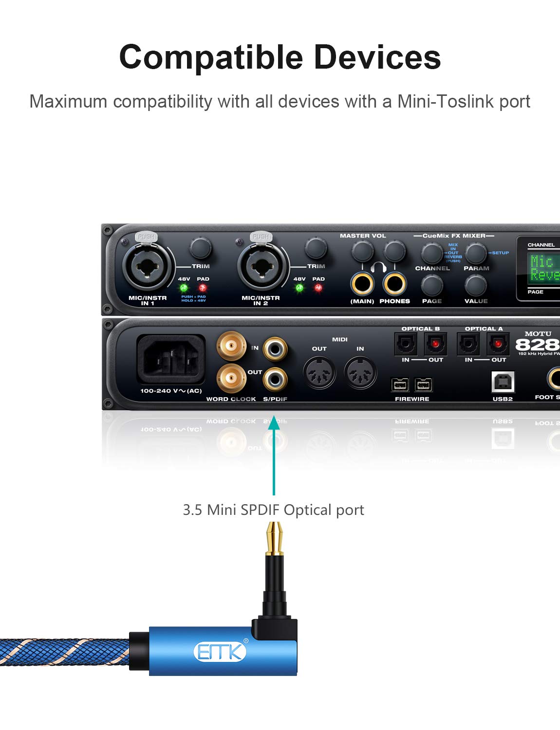 EMK 90 Degree Mini Toslink to Toslink, Optical Audio Cable [Nylon Braided Jacket,Ultra-Durable] Standard Toslink to Mini Toslink Male Plug Connector Adapter Converter Jack Wire Cord(6FT/1.8M) - Image 3
