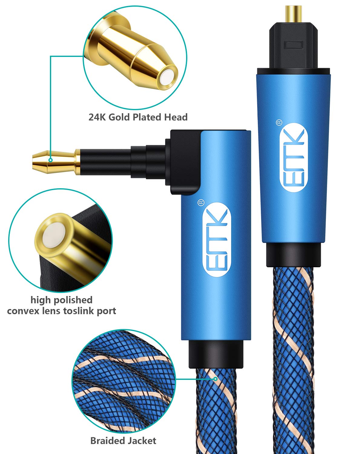 EMK 90 Degree Mini Toslink to Toslink, Optical Audio Cable [Nylon Braided Jacket,Ultra-Durable] Standard Toslink to Mini Toslink Male Plug Connector Adapter Converter Jack Wire Cord(6FT/1.8M) - Image 4