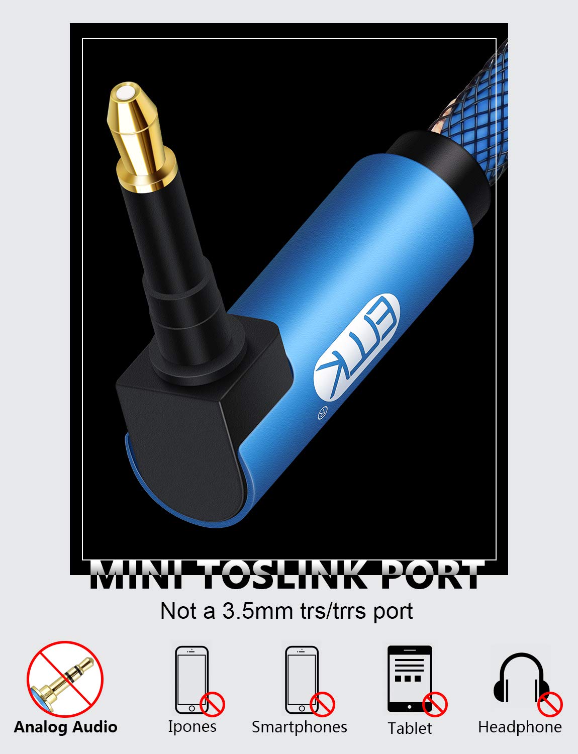 EMK 90 Degree Mini Toslink to Toslink, Optical Audio Cable [Nylon Braided Jacket,Ultra-Durable] Standard Toslink to Mini Toslink Male Plug Connector Adapter Converter Jack Wire Cord(6FT/1.8M) - Image 5