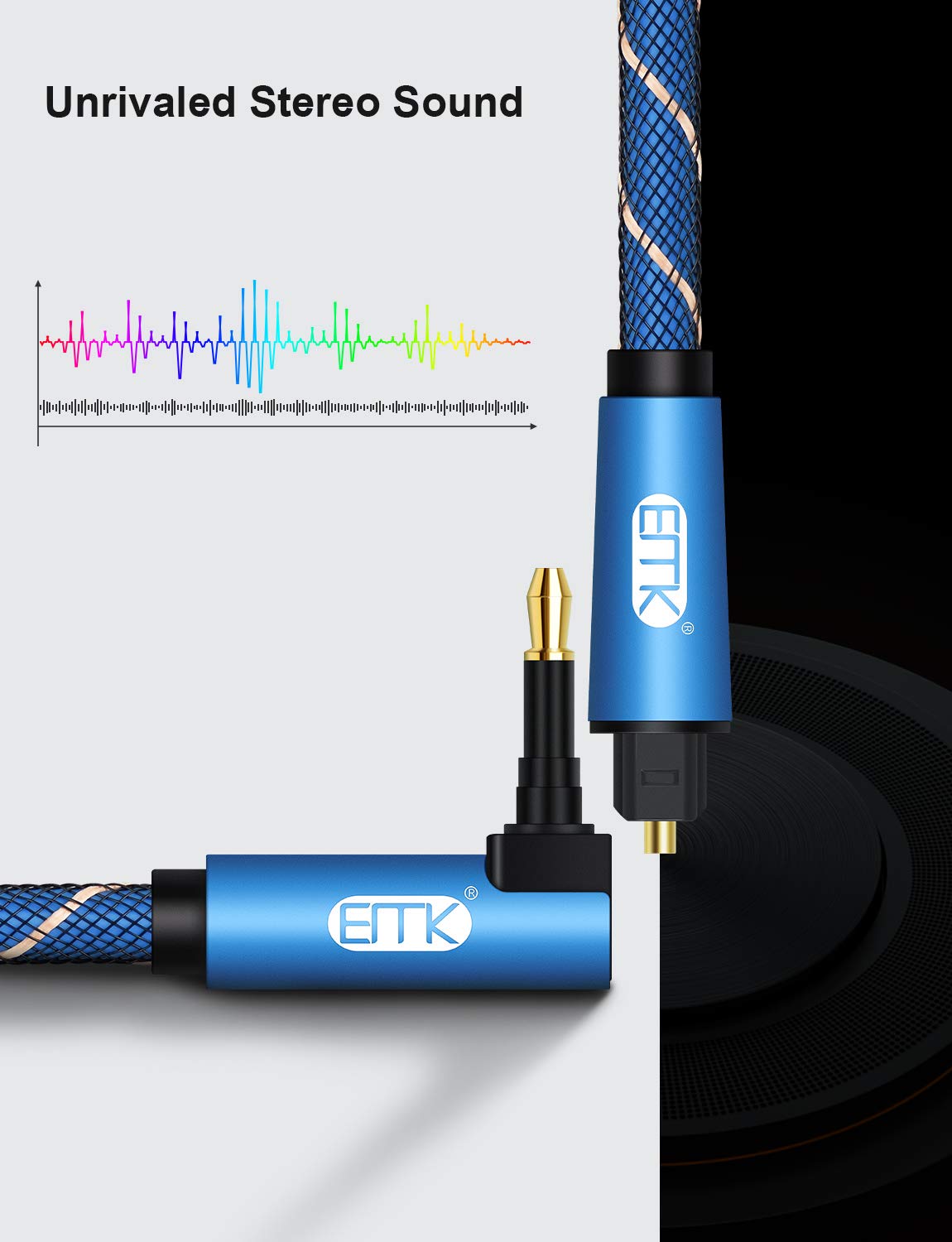 EMK 90 Degree Mini Toslink to Toslink, Optical Audio Cable [Nylon Braided Jacket,Ultra-Durable] Standard Toslink to Mini Toslink Male Plug Connector Adapter Converter Jack Wire Cord(6FT/1.8M) - Image 6