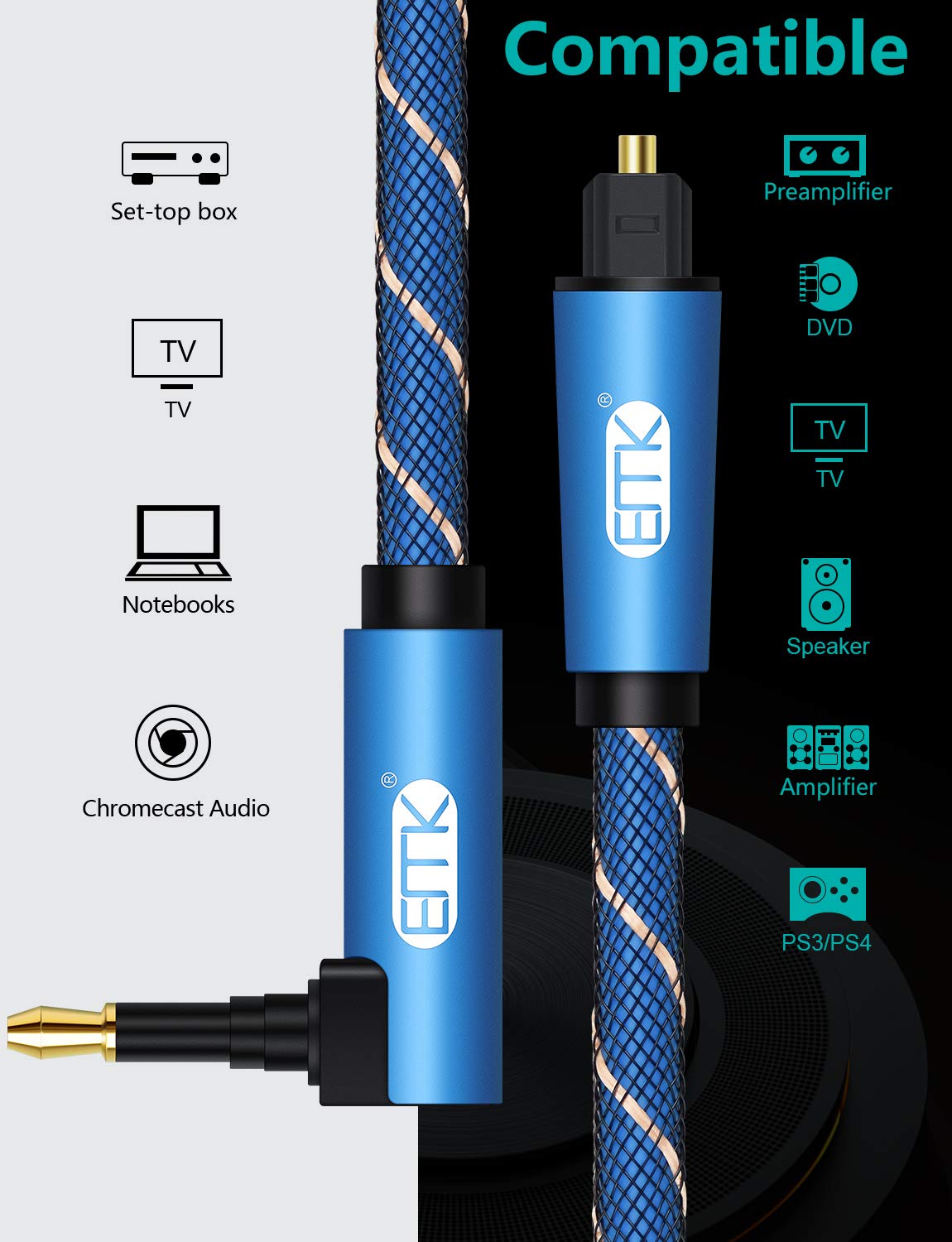 EMK 90 Degree Mini Toslink to Toslink, Optical Audio Cable [Nylon Braided Jacket,Ultra-Durable] Standard Toslink to Mini Toslink Male Plug Connector Adapter Converter Jack Wire Cord(6FT/1.8M) - Image 7