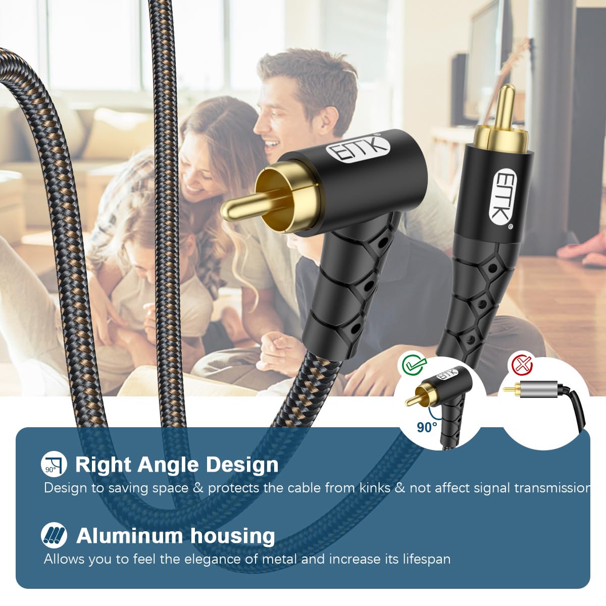 EMK 90 Degree RCA Subwoofer Cable 24K Gold-Plated Connector Nylon Braided Double Shielded – Support Digital & Analog Signals for Amplifier, Home Theater, Hi-Fi System,Subwoofer Black/25ft/8m - Image 4