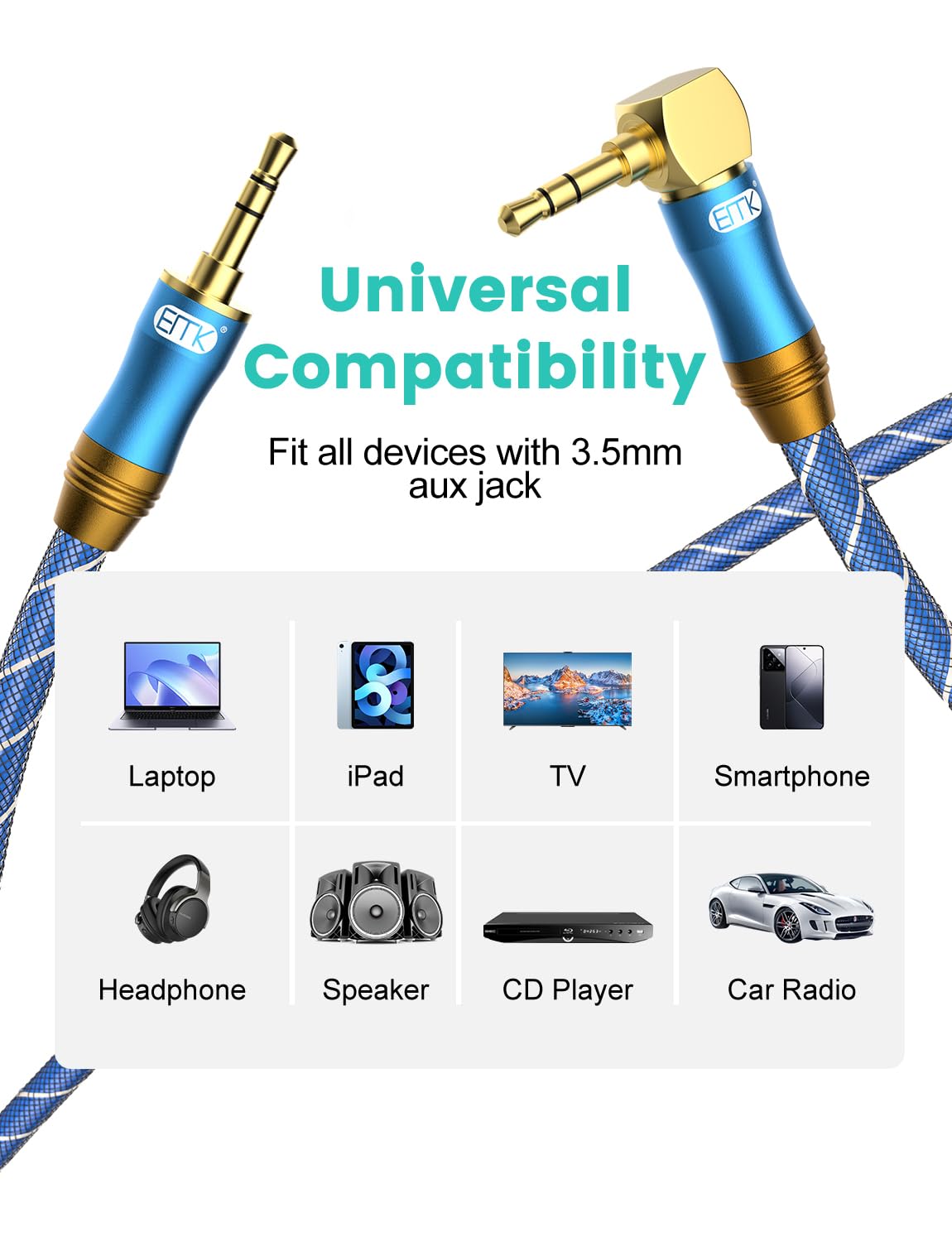 EMK 90 Degree Right Angle Aux Cable - [24K Gold-Plated,Sound Quality] Audio Stereo Male to Male Cable for Laptop, Tablets, MP3 Players,Car/Home Aux Stereo, Speaker or More(4FT/1.2M) - Image 6