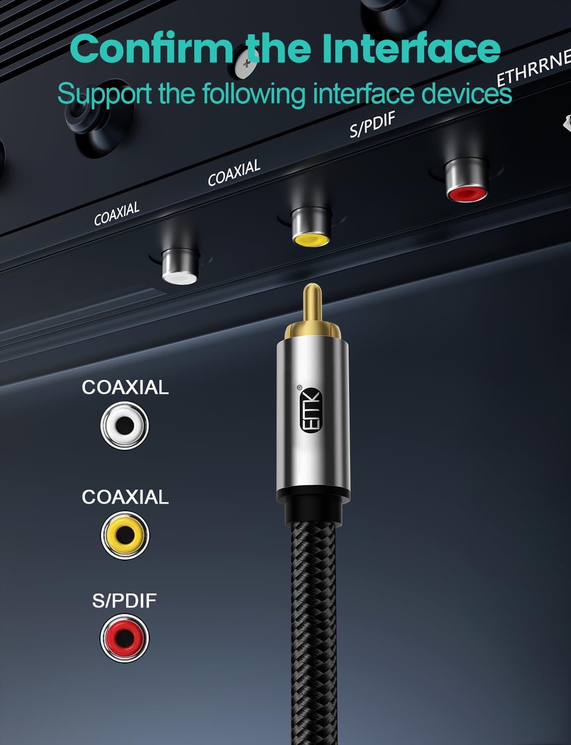 EMK 90 Degree Subwoofer Cable,RCA Male to Male Digital Coaxial Audio Cable for Television, DVD Player, Gaming Console, Projector, Speaker (5FT/1.5M) - Image 4