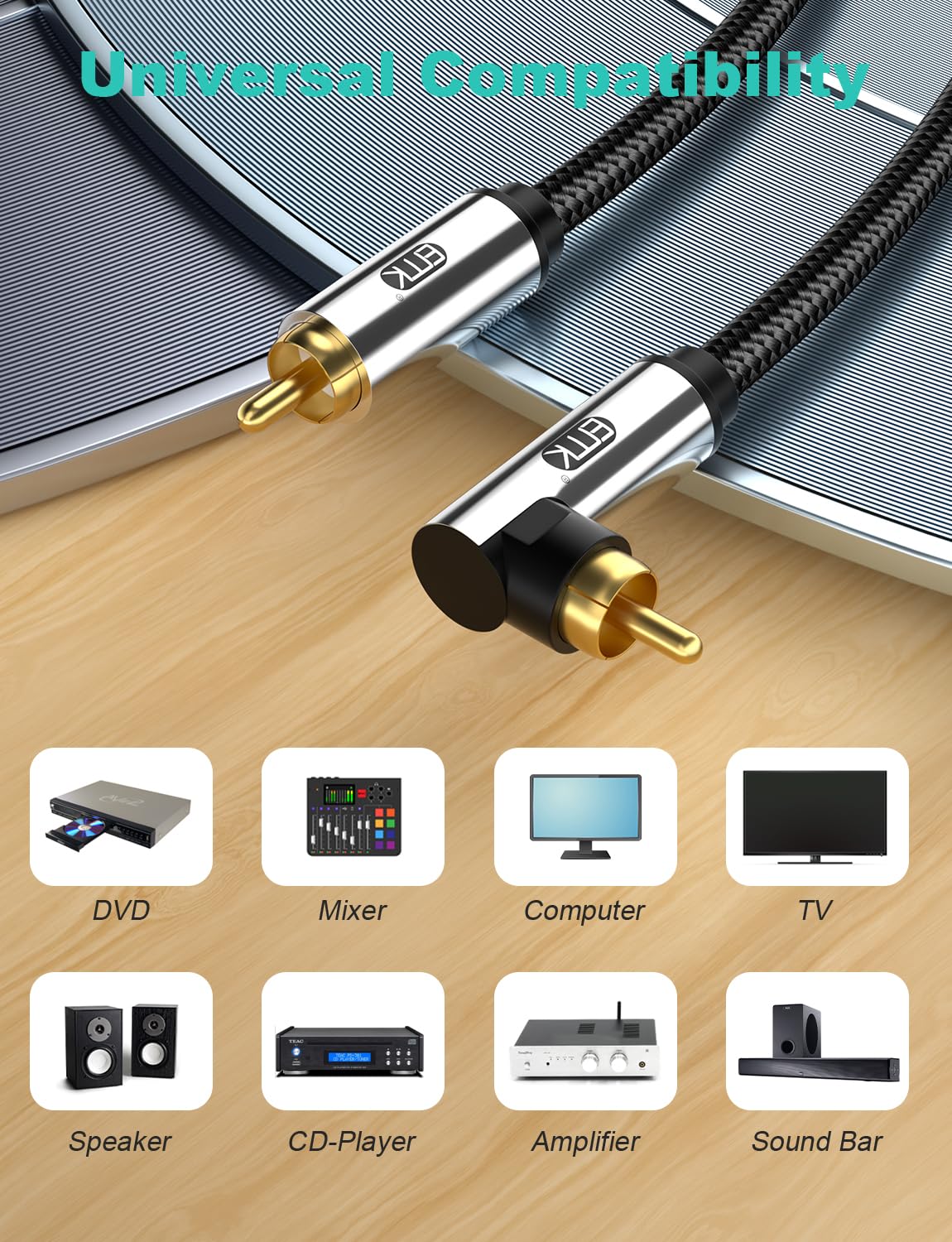 EMK 90 Degree Subwoofer Cable,RCA Male to Male Digital Coaxial Audio Cable for Television, DVD Player, Gaming Console, Projector, Speaker (5FT/1.5M) - Image 6