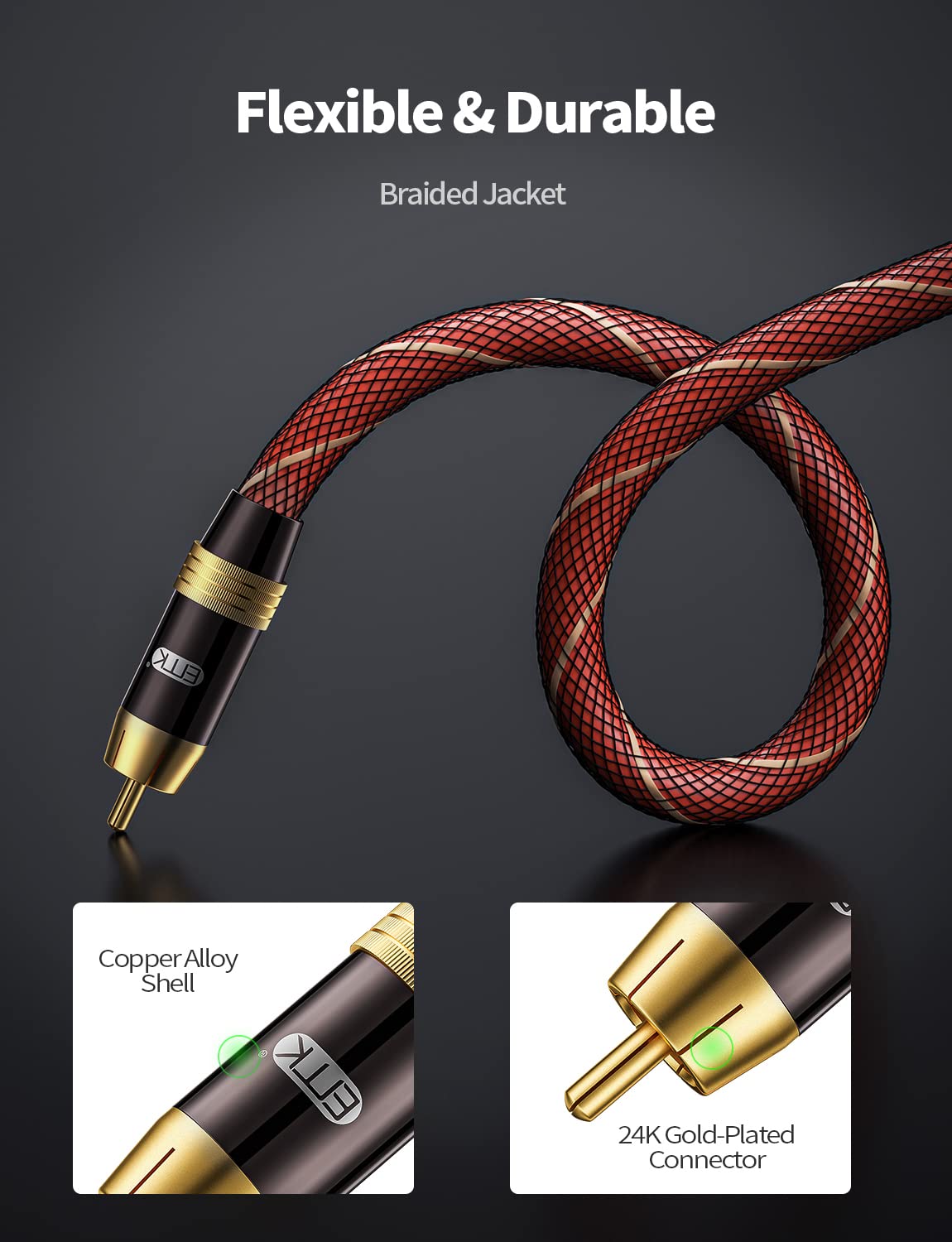 EMK Digital Coaxial Audio Cable - Subwoofer Cable RCA to RCA - Dual Shielded - Gold-Plated - Orange (5Ft/1.5Meters) - Image 3