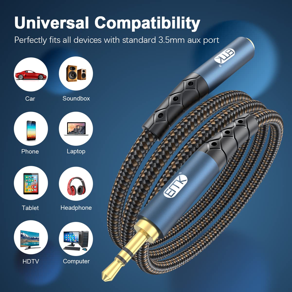 EMK Headphone Extension Cable 3.5mm AUX Extension Male to Female Stereo Audio Cable 24k-Gold Plated Connector Nylon Braided AUX Extension Cord(3.3ft/1m) - Image 3