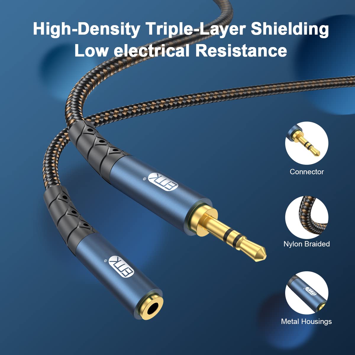 EMK Headphone Extension Cable 3.5mm AUX Extension Male to Female Stereo Audio Cable 24k-Gold Plated Connector Nylon Braided AUX Extension Cord(3.3ft/1m) - Image 4