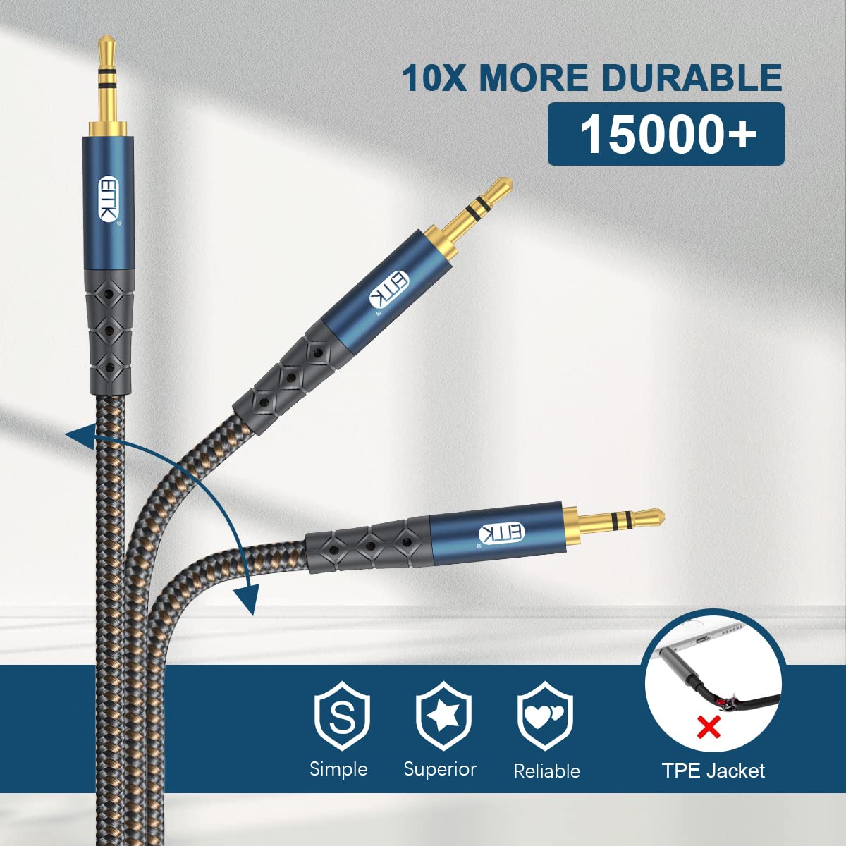 EMK Headphone Extension Cable 3.5mm AUX Extension Male to Female Stereo Audio Cable 24k-Gold Plated Connector Nylon Braided AUX Extension Cord(3.3ft/1m) - Image 5