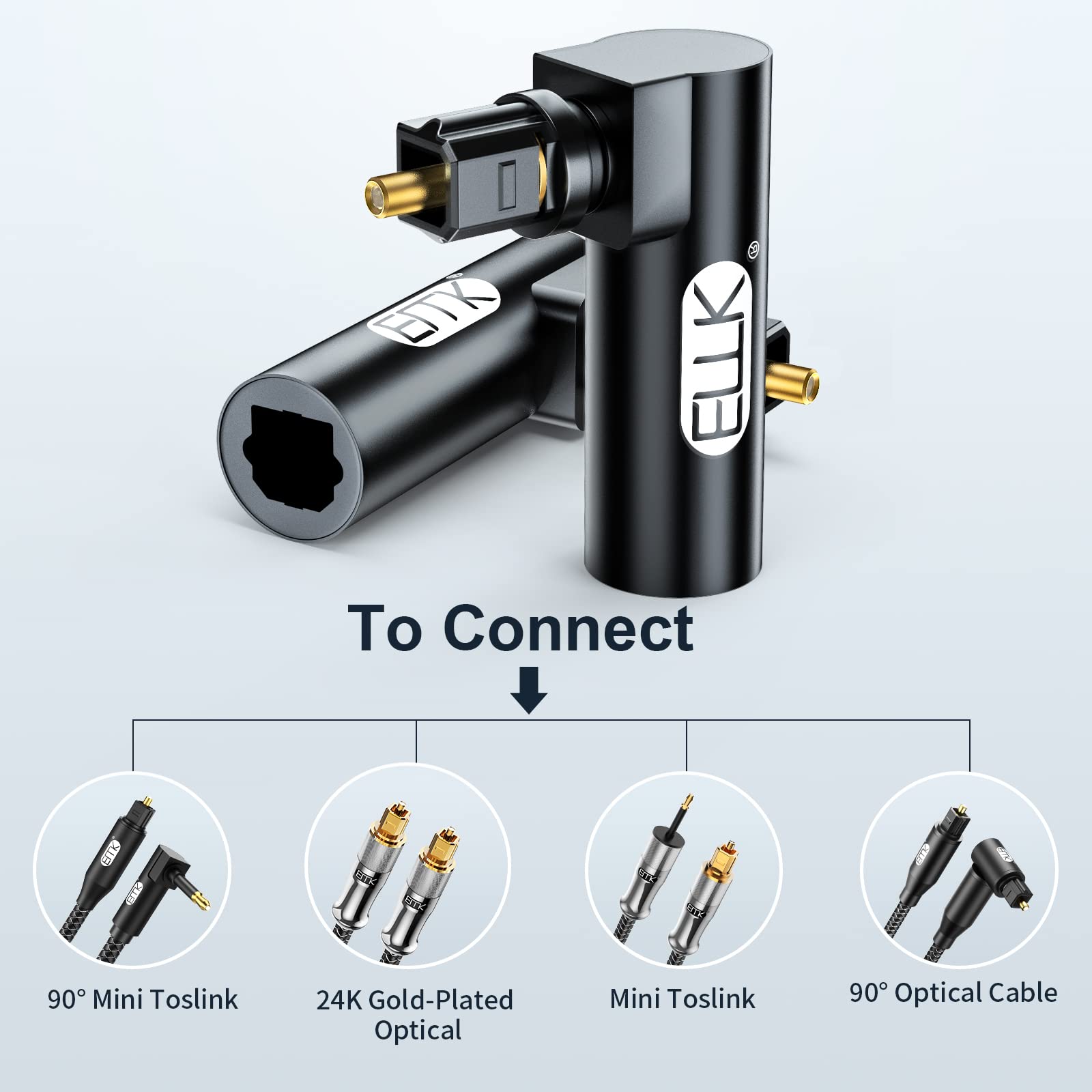 EMK Optical Audio Adapter, [2-PCS] 90 Degree Fiber Optic Cable Adapter Right Angel Toslink Optical Cables Extention Adapter Black - Image 4