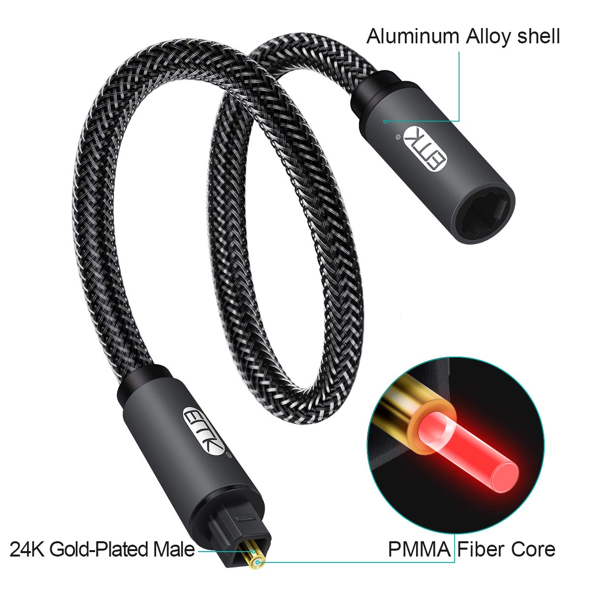 EMK Optical Extension Cable Male to Female Coupler Cord Nylon Braided Jacket 24K Gold-Plated Fiber Digital Extension Adapter Cable for Home Theater Sound bar TV 3.3ft - Image 3
