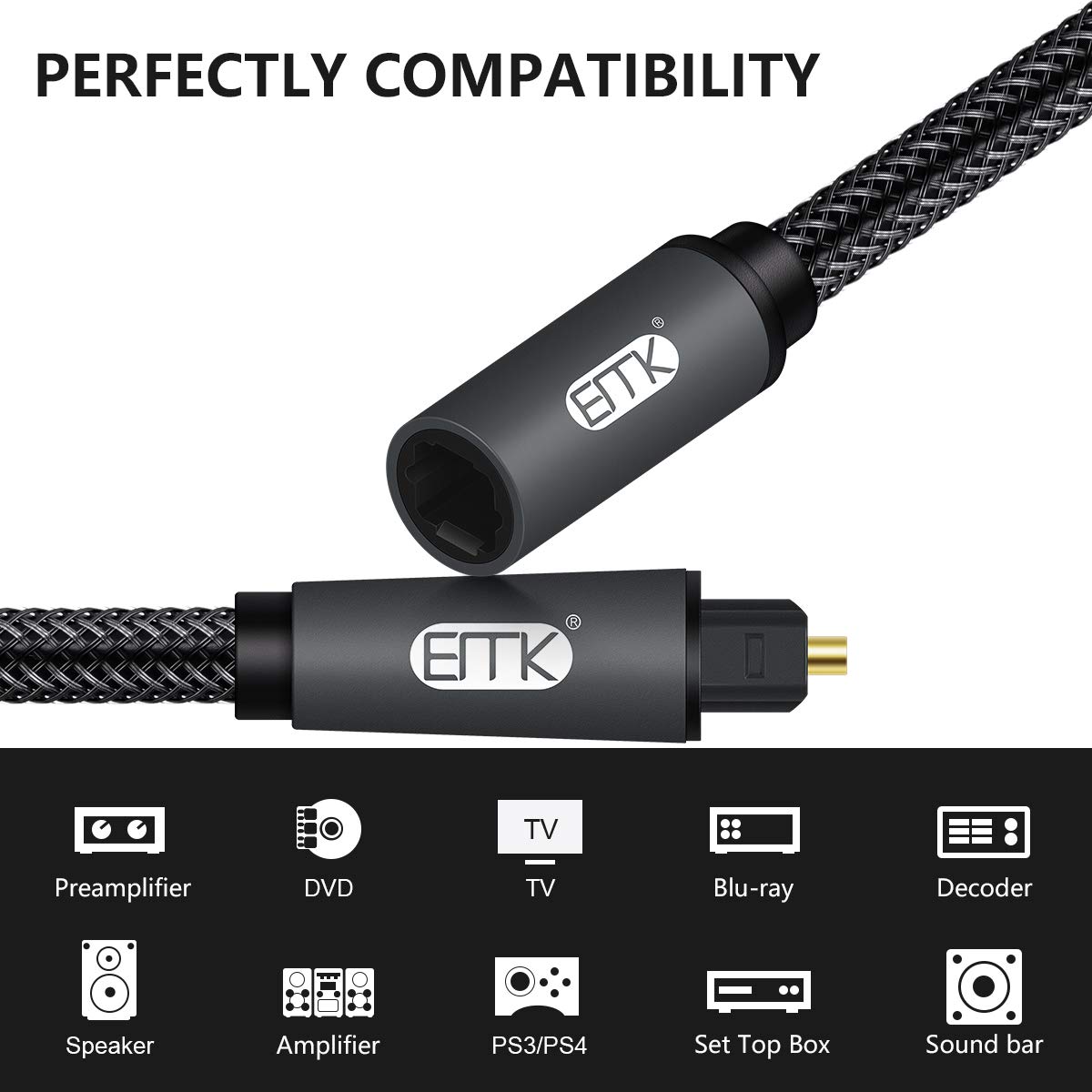 EMK Optical Extension Cable Male to Female Coupler Cord Nylon Braided Jacket 24K Gold-Plated Fiber Digital Extension Adapter Cable for Home Theater Sound bar TV 3.3ft - Image 4