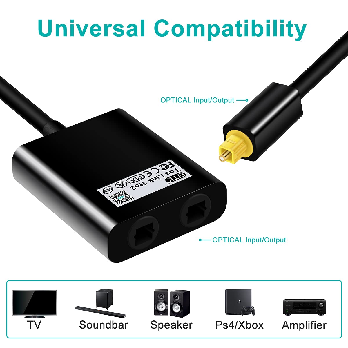 EMK Optical Splitter 1x2 - 1 In 2 Out Digital Audio Splitter - Compatible With Home Theater, Sound Bar, TV, Blu-ray Players - Image 3