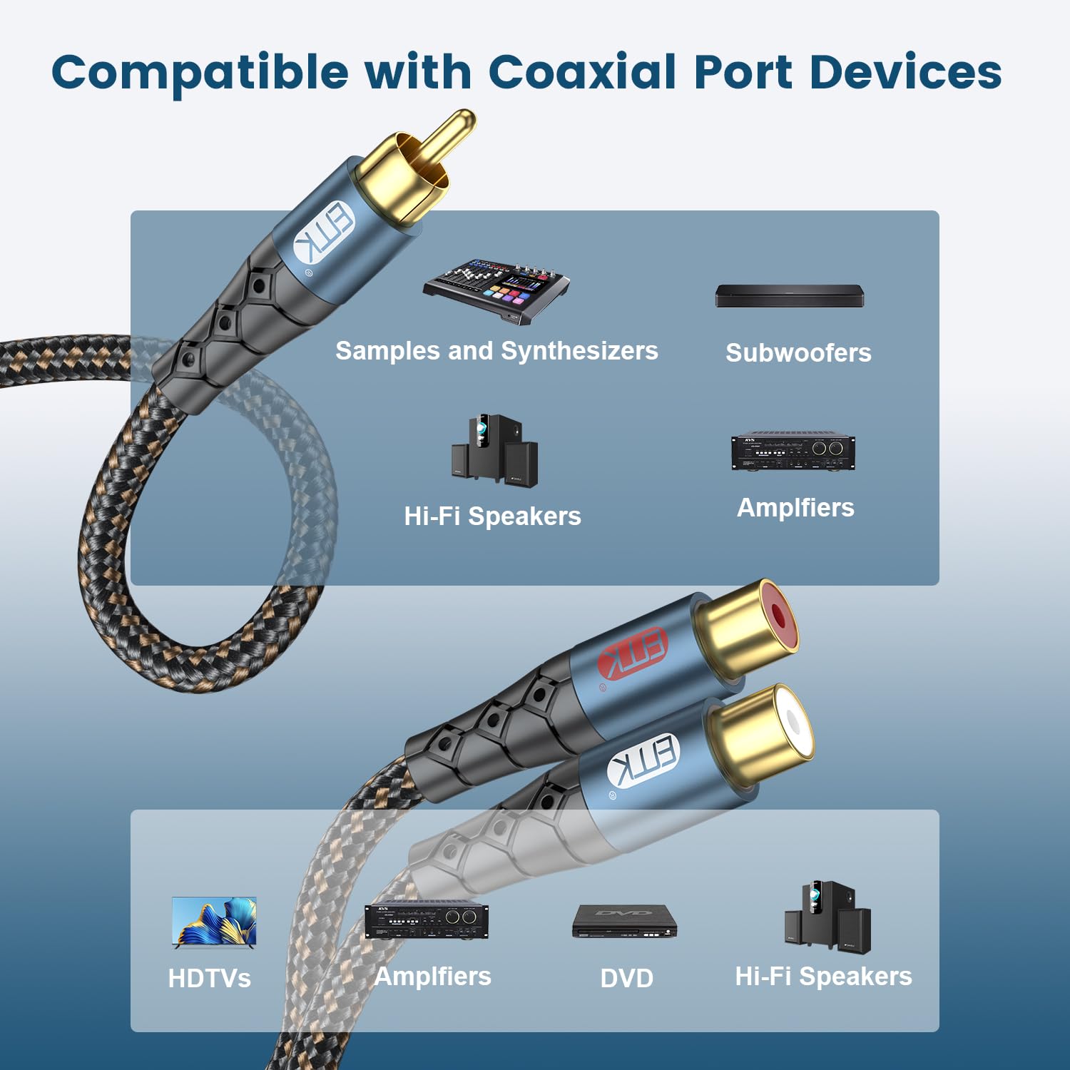 EMK RCA Splitter 1 Male to 2RCA Female Copper Shell Gold-Plated Y Adapter RCA Male to 2RCA Female Cable RCA Y Splitter Connectors Extension Cord 1ft/0.3m - Image 3