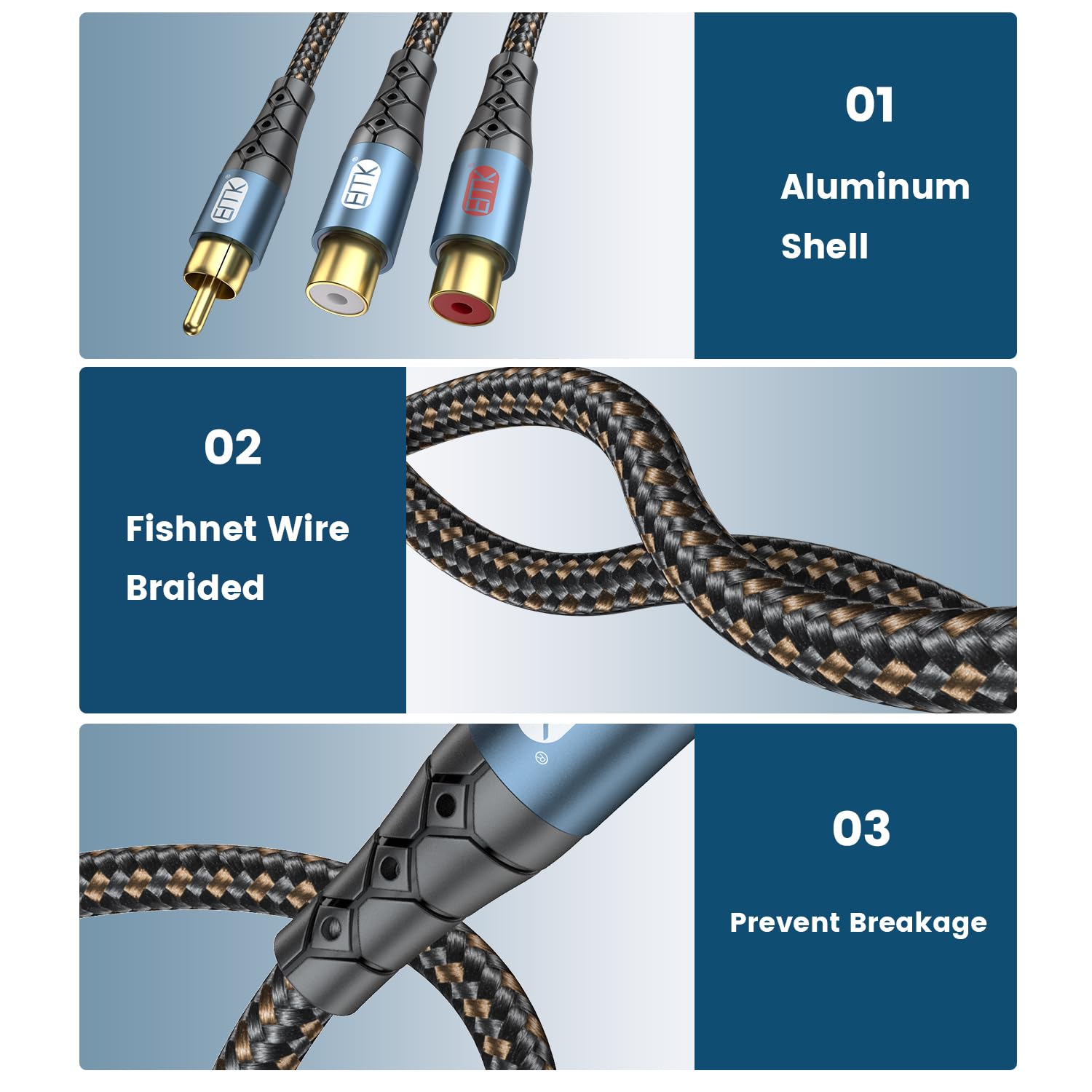 EMK RCA Splitter 1 Male to 2RCA Female Copper Shell Gold-Plated Y Adapter RCA Male to 2RCA Female Cable RCA Y Splitter Connectors Extension Cord 1ft/0.3m - Image 4