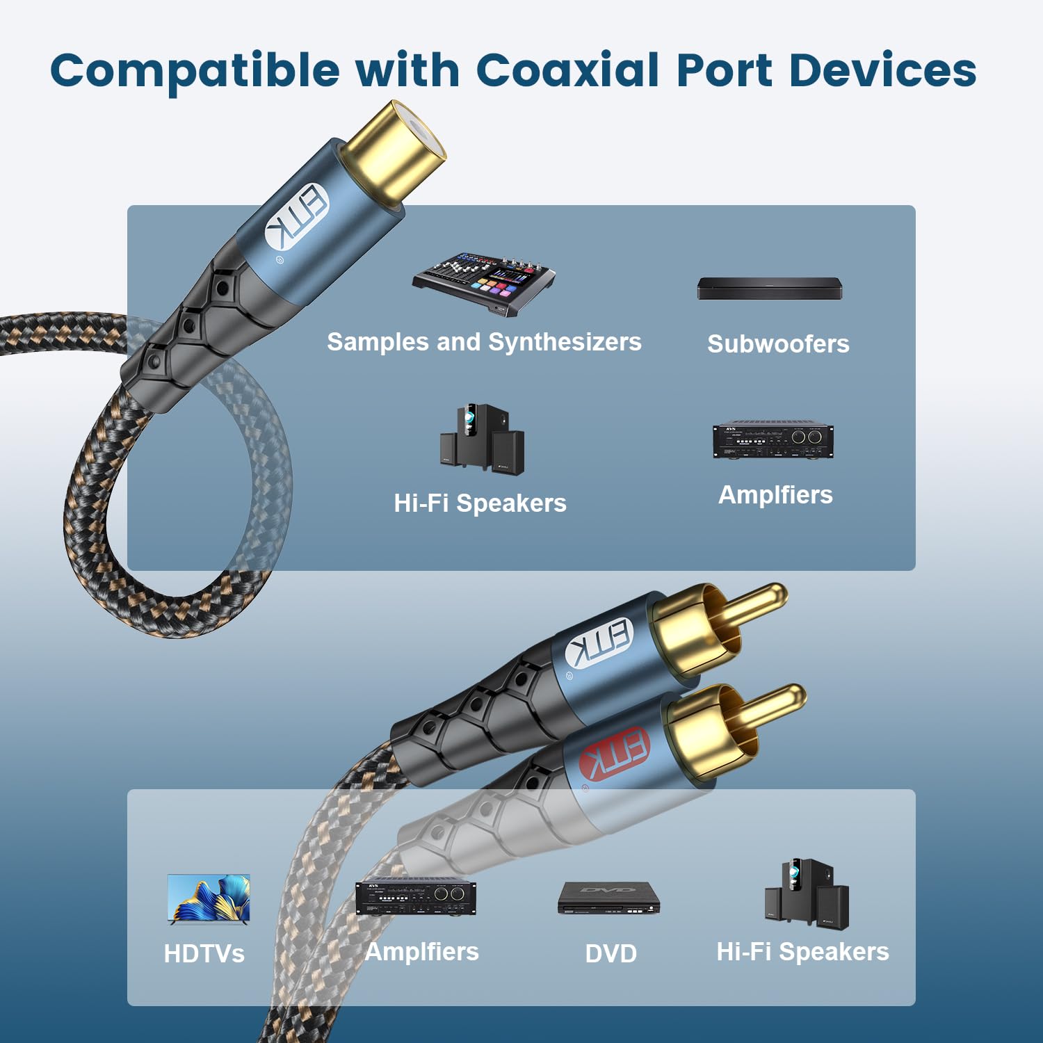 EMK RCA Splitter 2 Male to Female Extension Cable Dual Shielding Gold Plated Nylon Braided RCA Splitter 1 Female to 2 Male Cord Adapter 1ft/30CM - Image 3