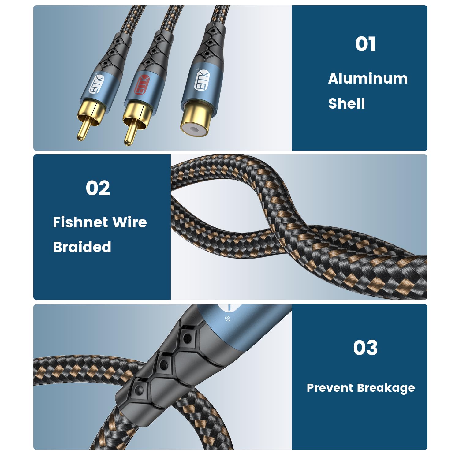 EMK RCA Splitter 2 Male to Female Extension Cable Dual Shielding Gold Plated Nylon Braided RCA Splitter 1 Female to 2 Male Cord Adapter 1ft/30CM - Image 4