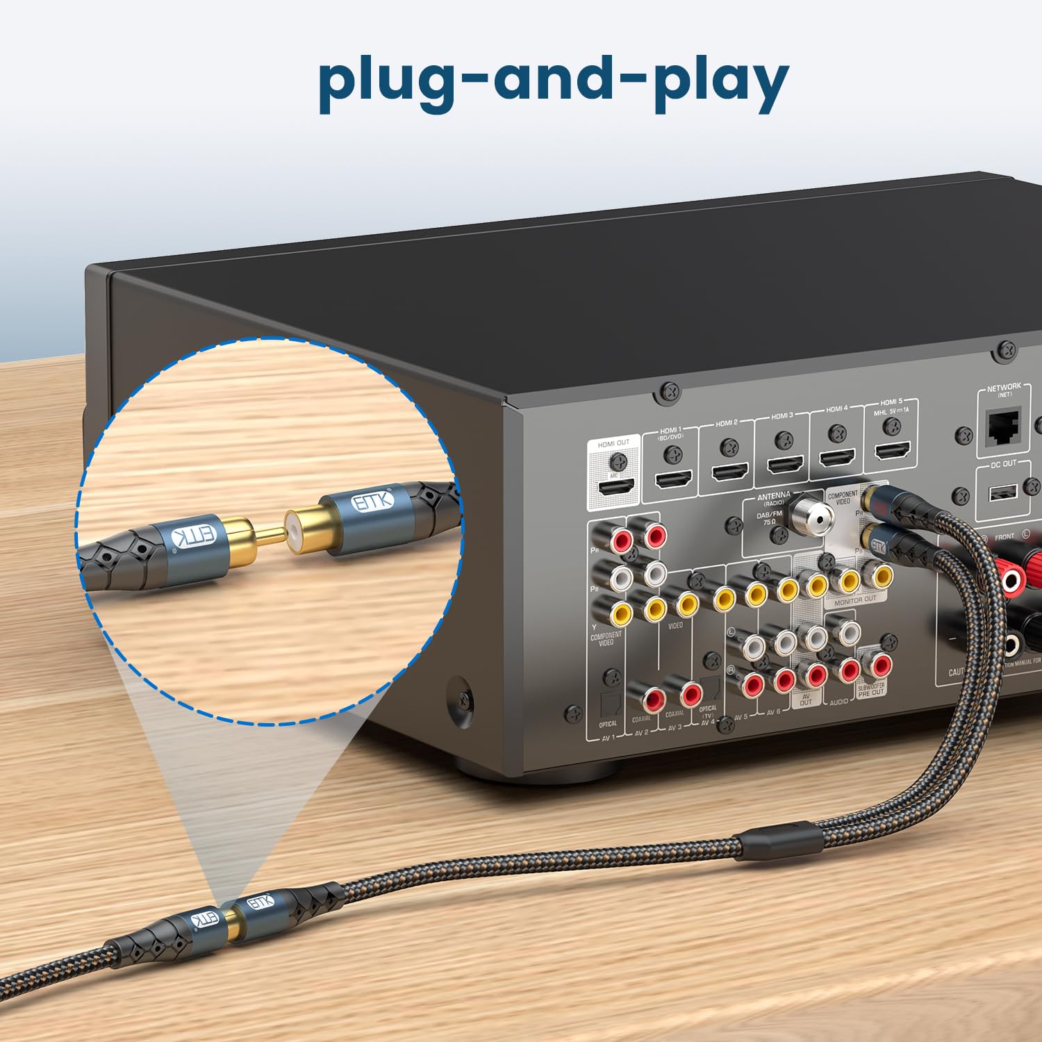 EMK RCA Splitter 2 Male to Female Extension Cable Dual Shielding Gold Plated Nylon Braided RCA Splitter 1 Female to 2 Male Cord Adapter 1ft/30CM - Image 6