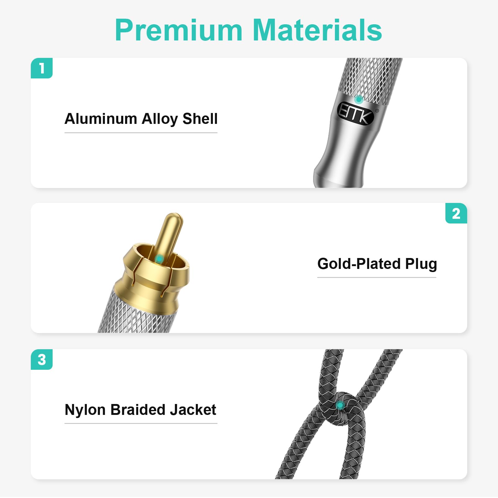 EMK RCA Y Splitter 8Ft/2.4M- Bi-Directional 1 Male to 2 Male Subwoofer/Coaxial RCA Audio Cable [Double Shielding] for Home Theater, AV Receiver, Amplifier - Silver - Image 5