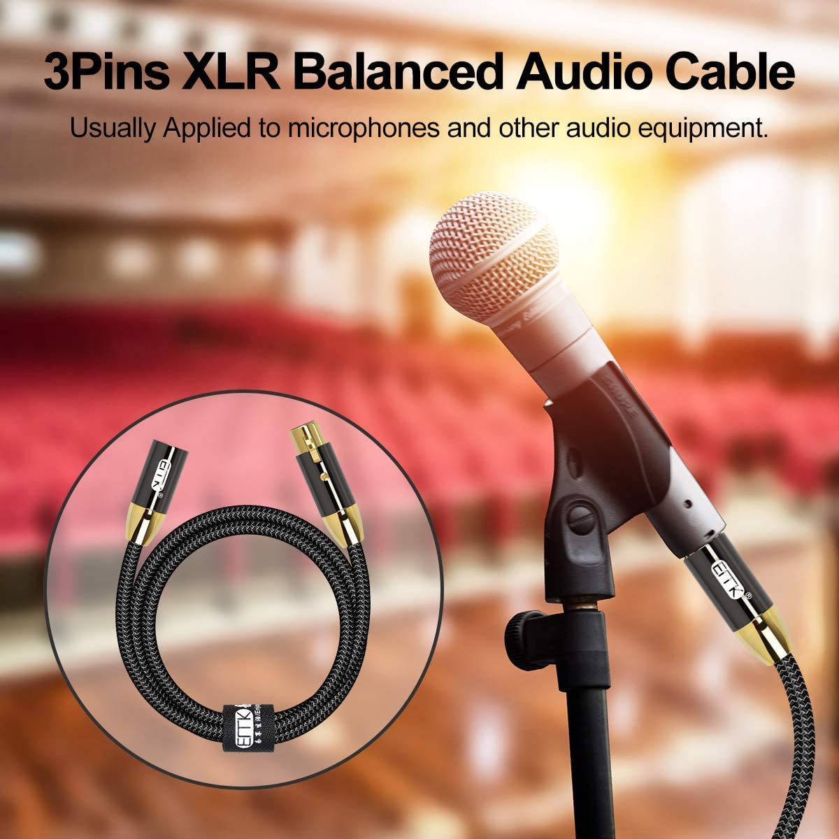 EMK XLR Microphone Cable 3-Pin Balanced (Male to Female) - 6 Ft/2M Professional Audio Cable for Behringer Mixer, Mic Preamplifier, Speaker Systems - Oxygen-Free Copper, Gold-Plated Connectors (Black) - Image 4
